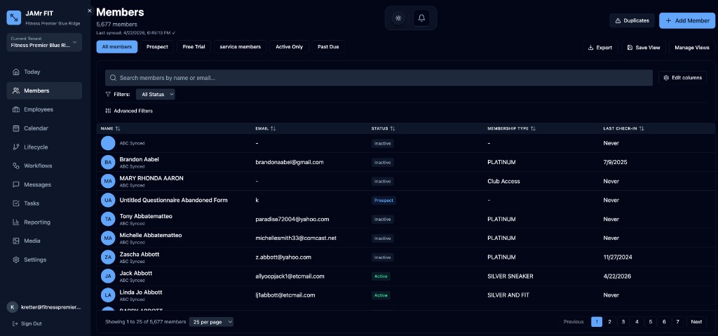 JAMr FIT member management dashboard