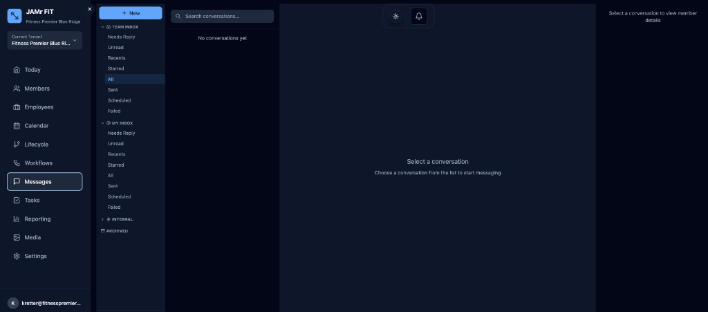 JAMr FIT messaging inbox with threaded conversations